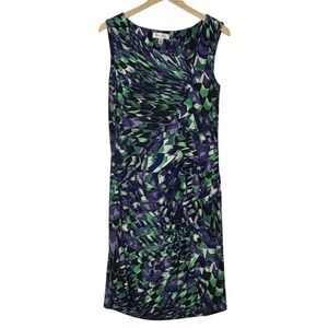 Dressbarn Womens Size 10 Purple Green Abstract Sheath Dress Career Ruched